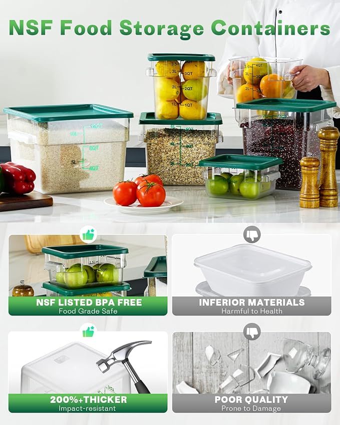 6QT NSF Food Storage Containers with Lids: 4 PCS [Total Food Grade][Hot&Cold Resistant] Commercial Clear Food Storage Containers for Restaurant Kitchen Proof Dough, Measuring Spoons Included(Green)