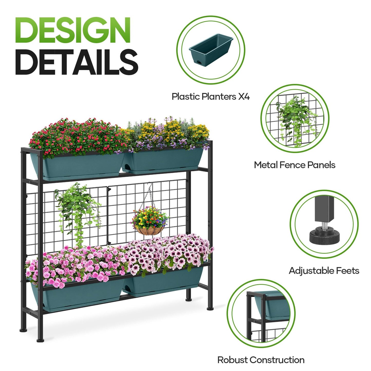 CADUKE Raised Planter Box with Legs, 32" Elevated Vegetable Garden Beds, Raised Garden Bed with Drainage Holes & Trellis, Herb Garden Planter Outdoor for Vegetables, Balcony, Patio, Green
