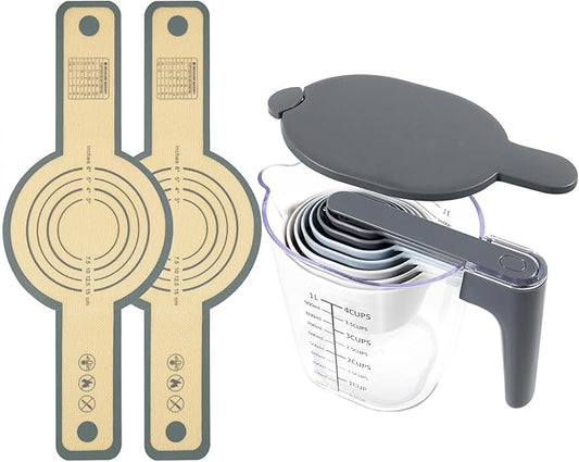 12-Piece Measuring Cups and Spoons Set with Stackable Measuring Cup, Lid, and 2 Grey Silicone Bread Slings, Unique Kitchen Gadgets for Baking and Cooking, BPA-Free, Dishwasher Safe