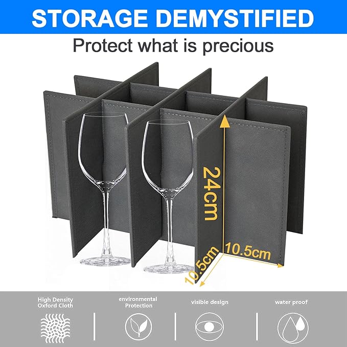 VERONLY Wine Glass Storage Box with Dividers for 12, Hard Shell Stemware Storage Container - Stackable Glassware Case with Handles and Label -Moving Storage for Crystal -Dark Gray