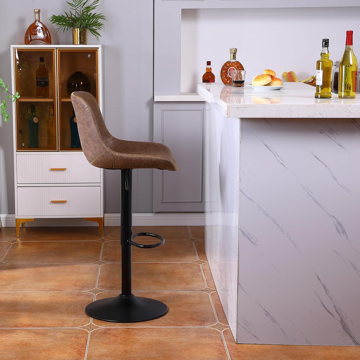 Bar Stools, Swivel Counter Height Barstools with Back, Adjustable Modern Bar Chairs, Tall Armless PU Leather Kitchen Island Stool (Brown, Set of 4)