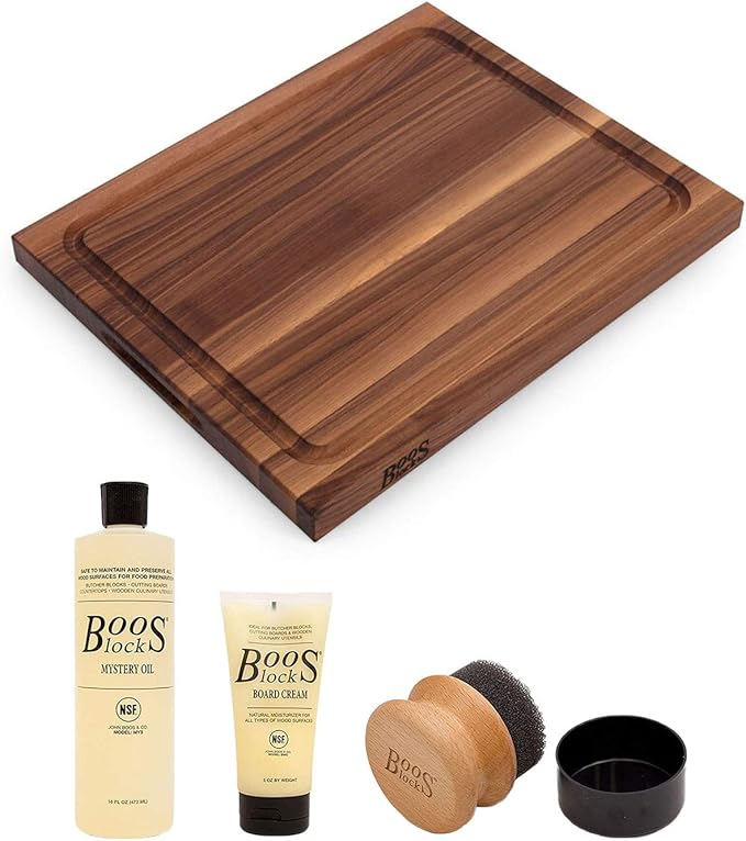 John Boos BBQ Series Rectangular Wooden Walnut Cutting Board 17”x21” – 1.5” Thick, 7-lb Reversible Butcher Block with Juice Groove, Edge-Grain, Finger Grips & Care & Maintenance Pack – Made in the USA