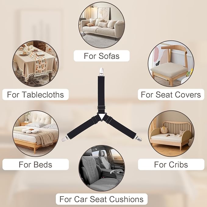 6pcs Bed Sheet Straps, Adjustable Non Slip White Elastic Triangle Bed Suspenders, Keep in Place Fitted Sheet Straps Holder for Mattress Covers, Sofa Cushion