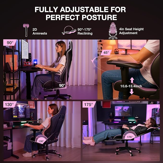 Douxlife 7-Point Massage Gaming Chair, 175° Gaming Recliner with Footrest Ergonomic Computer Office Chair High Back Video Game Chair with Lumbar Support, Upgraded Version, Black and Pink