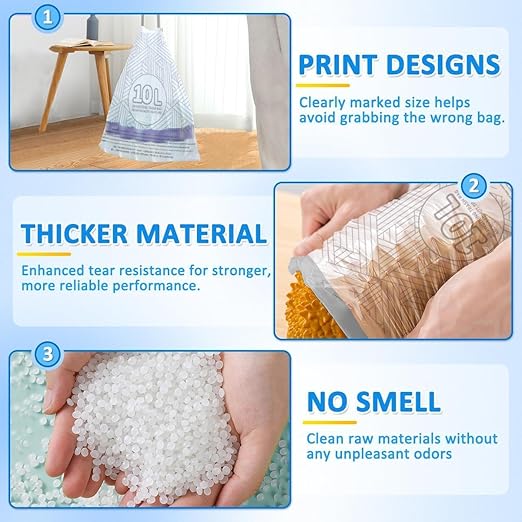 OKKEAI 2.6 Gallon Bathroom Small Trash Bags, White Drawstring Garbage Bags – 90 Count Tear-Free, Heavy Duty Printed Liners, Leak-Proof White Trash Bag for Kitchen, Office, Multipurpose Use