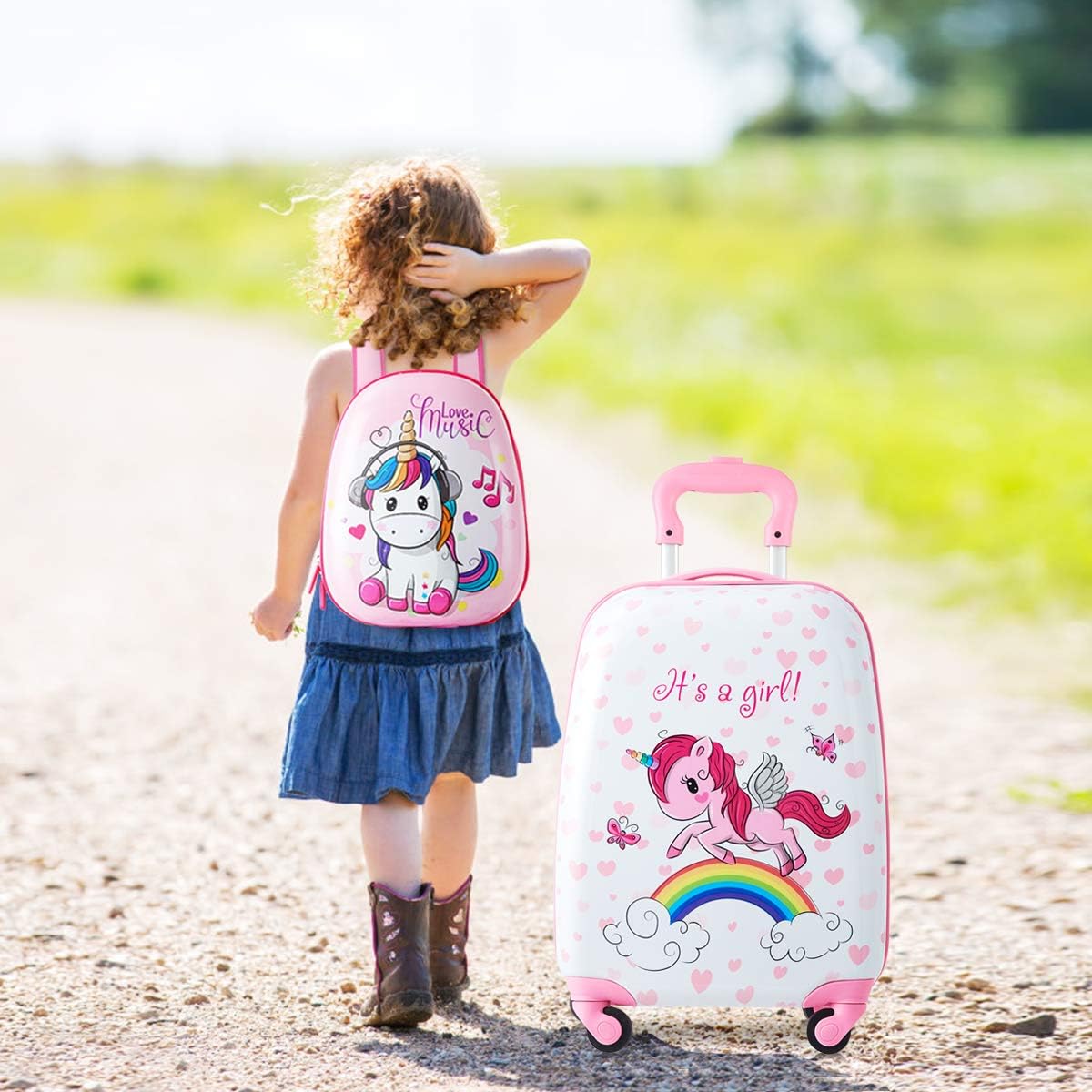 HONEY JOY 2 Pcs Kids Carry On Luggage, 12" School Backpack & 16" Rolling Suitcase, Waterproof Hard Shell Travel Case with Spinner Wheels, Gift for Boys Girls Overnight Travel, Pink Unicorn