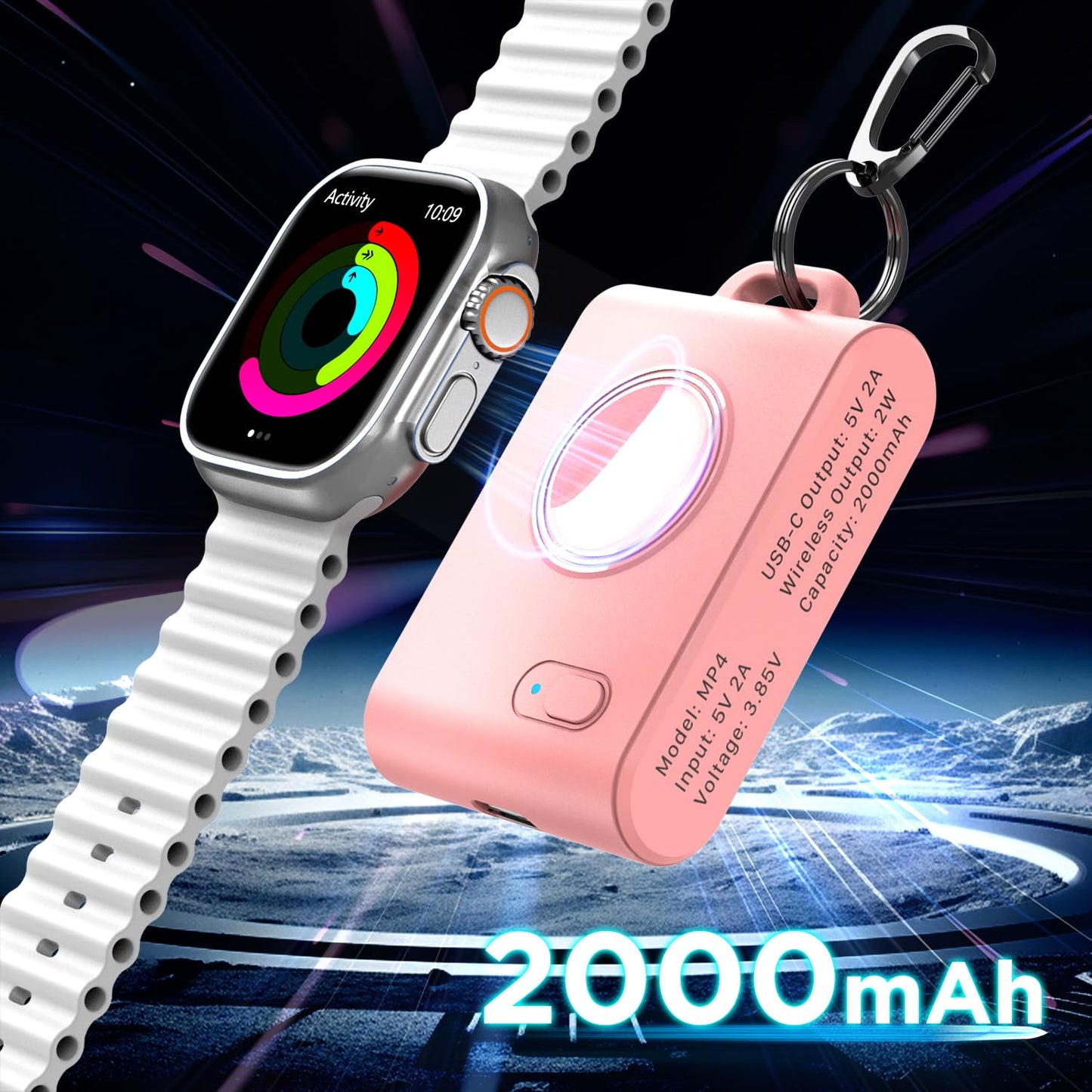 Huaeng (2-Pack Keychain Portable Wireless Magnetic Iwatch Charger, 2000Mah Mini Power Bank Travel Smart Watch Charger Power Pod