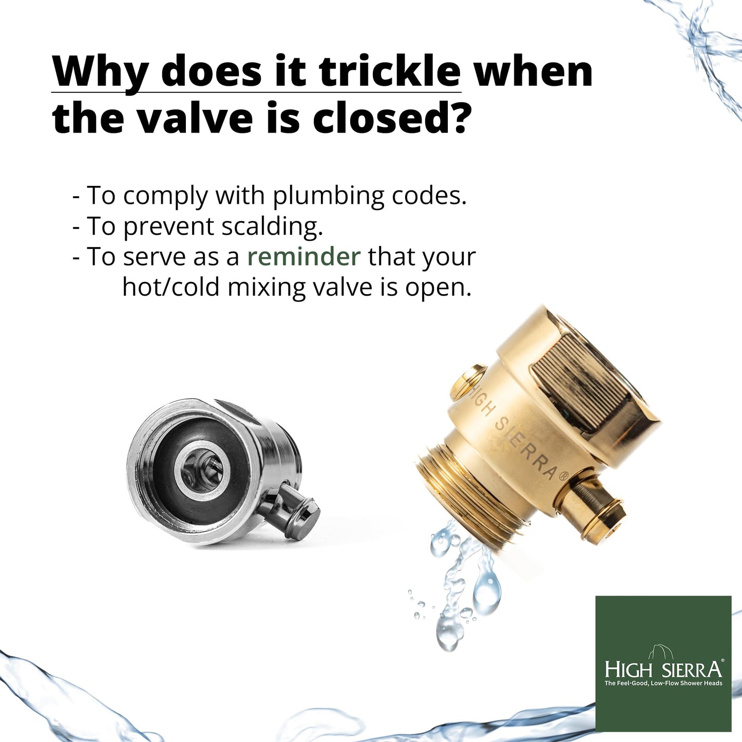 High Sierra® - All Lead-Free Brass Trickle Valve For Shower Heads. For Pause & Pressure Control. Easy To Push Button Reduces The Flow of Water or Shuts It Off to Just a Trickle - Matte Black