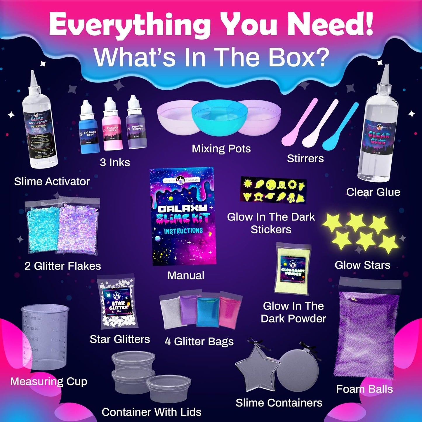 Original Stationery Galaxy Slime Kit for Kids Ages 8–12, DIY Space Slime Set with Glow-in-The-Dark Stickers & Galactic Glitter, Fun Cosmic Craft for Creative Play, Birthday Gift for Boys & Girls