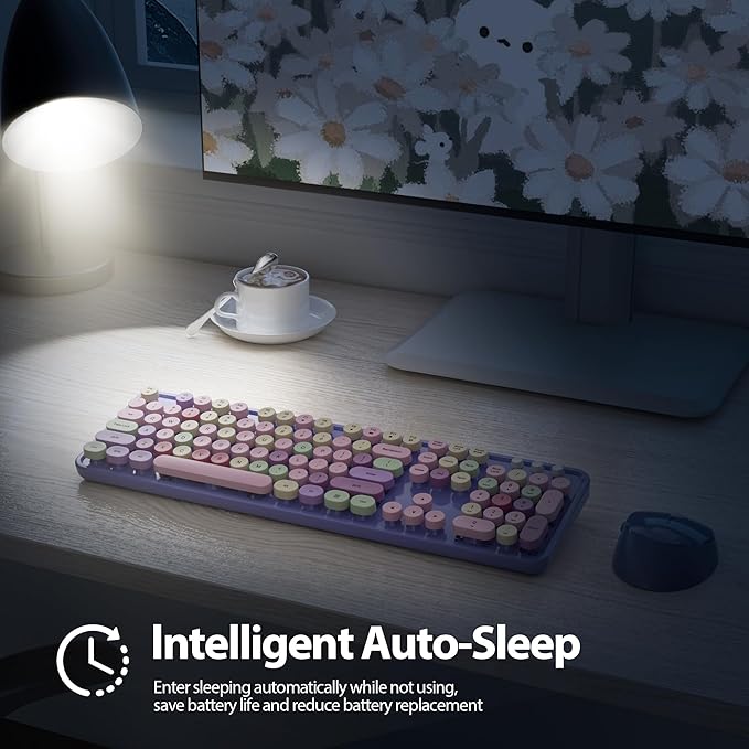 Wireless Keyboard and Mouse Set, Retro Typewriter 2.4GHz Full Size 104-Key Cute Colorful Keyboard with Number Pad Round Keycaps for Windows PC Laptop(Colorful Purple)