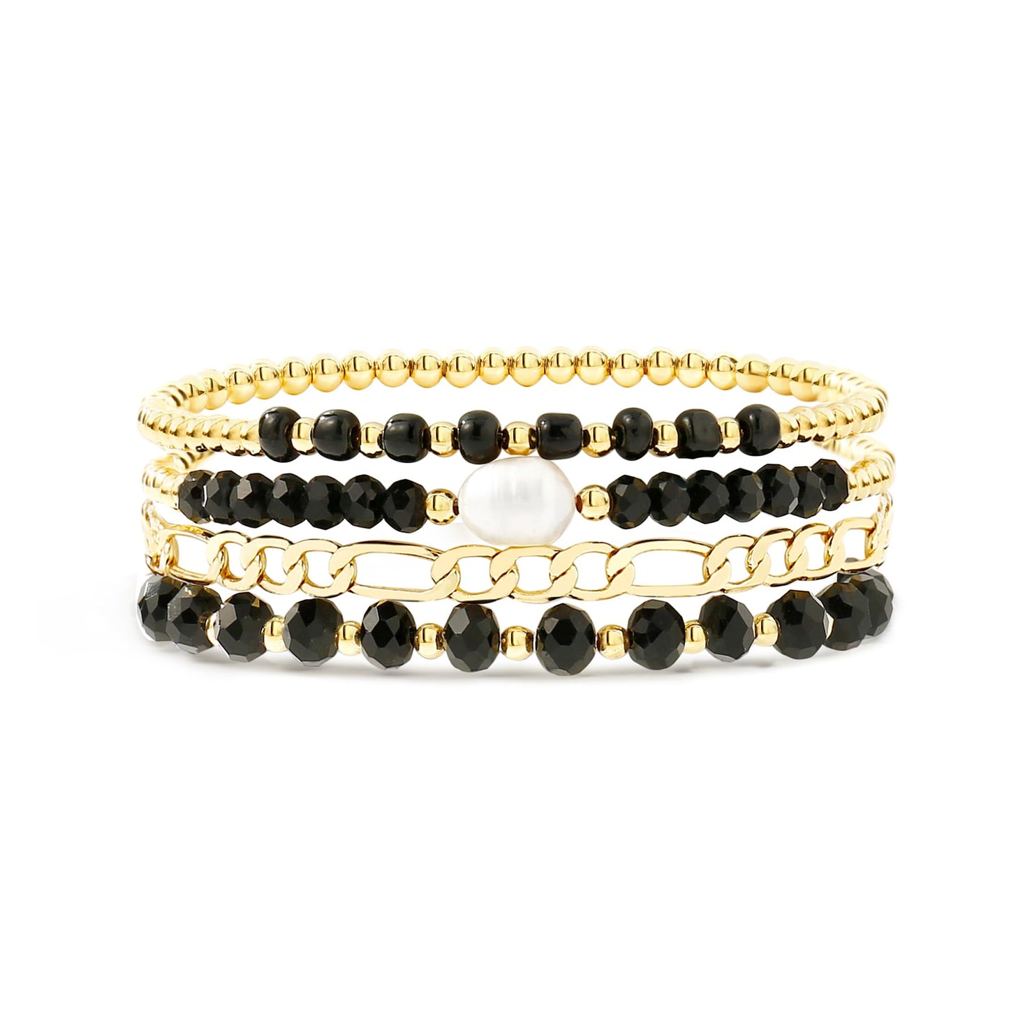 Badu Gold Bracelets for Women Boho Black Crystal Multiple Layered Stackable Wrap Beaded Bangle Set Cuban Chain Trendy Jewelry