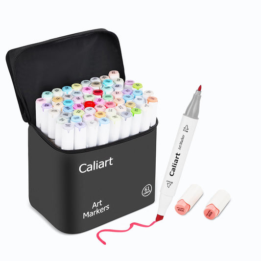 Caliart Pastel Alcohol Markers, 61 Colors Fine & Broad Chisel Dual Tip Permanent Art Markers with Carrying Case, Alcohol Based Sketch Pens for Adults Artists Coloring Painting Drawing Illustration