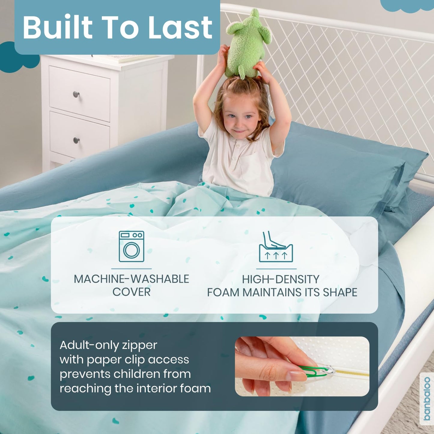BANBALOO 2 Pack Bed Bumper for Toddlers 53" | Foam Bed Rails for Queen, King, Twin, Full-Size Beds | Toddler Barrier | Safety Rail Guard for Kids | Portable Foam Bumpers for Travel and Home Use