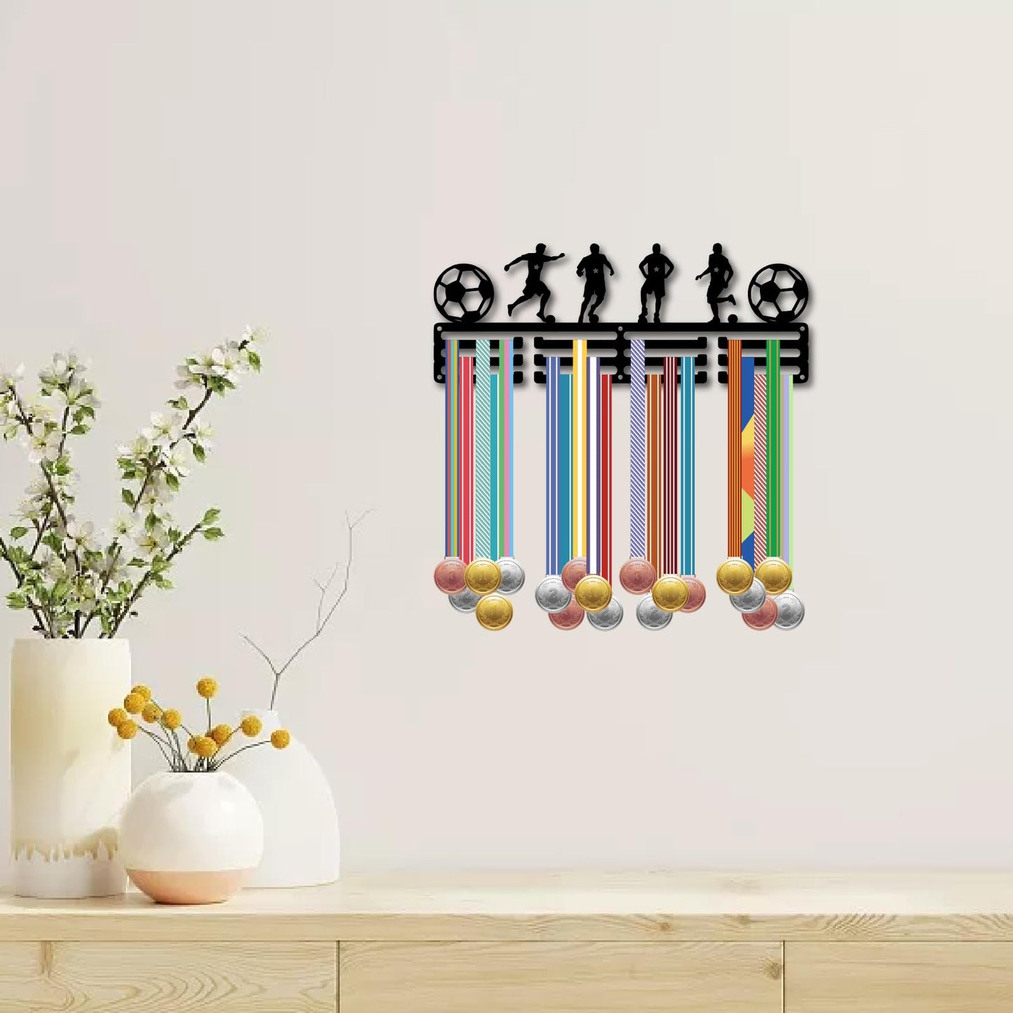 CREATCABIN Football Medal Holder Soccer Award Display Sports Race Medals Ribbons Organizer Metal Hanging Rack Iron Mount Decor for Wall Frame Home Badge Medalist Athlete Running Black 15.7x5.9 Inch