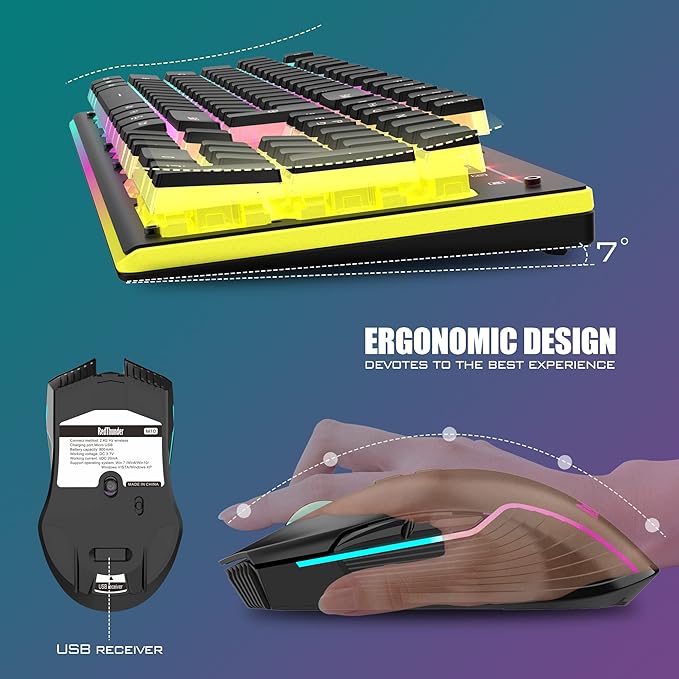 RedThunder K10 Wireless Gaming Keyboard and Mouse Combo, RGB Backlit Rechargeable 3800mAh Battery, Mechanical Feel Anti-ghosting Keyboard with Pudding Keycaps + 7D 3200DPI Mice for PC Gamer (Black)