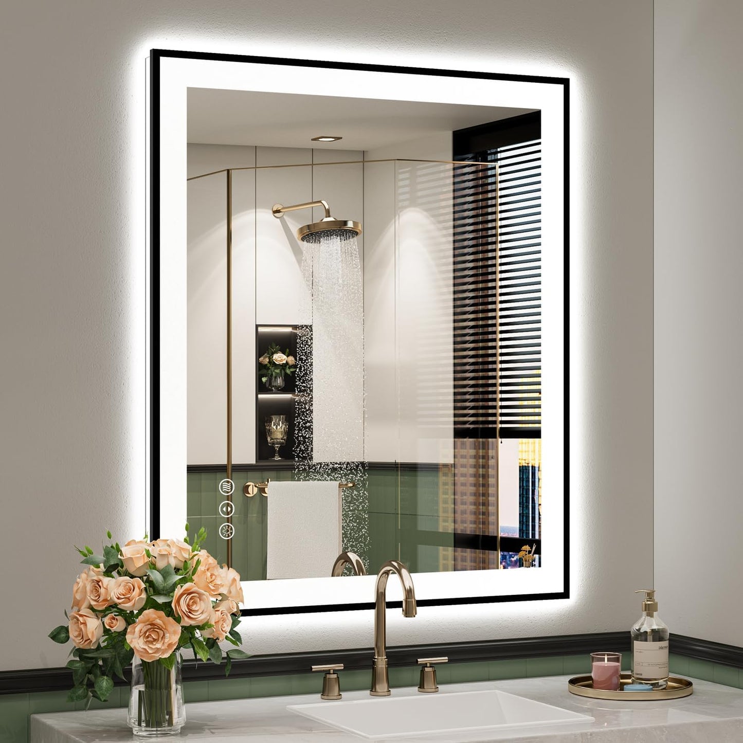 36x30 Inch LED Bathroom Mirror with Lights (Front Lit and Backlit) Black Framed Lighted Vanity Mirror for Bathroom Wall Dimmable Anti-Fog Memory Tempered Glass Horizontal/Vertical