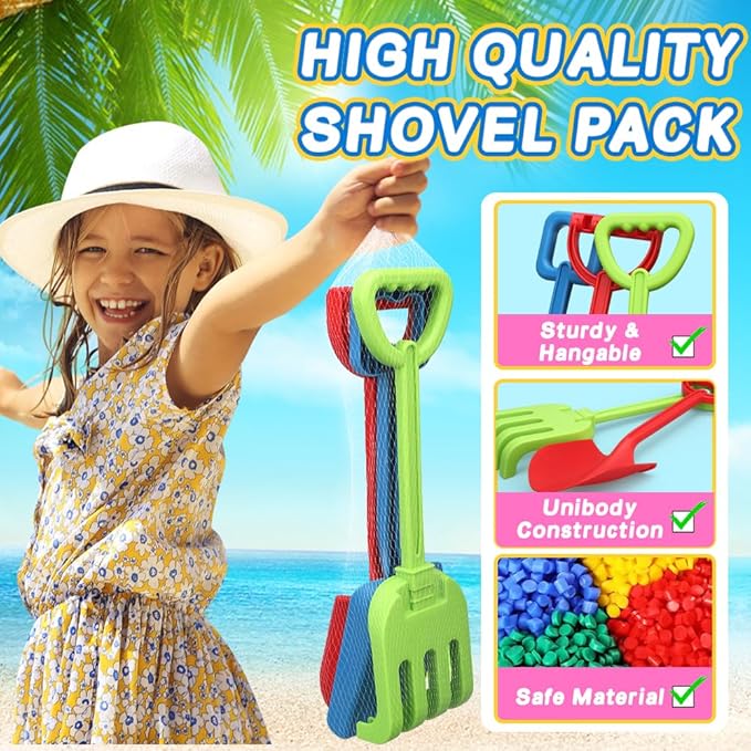 3 PCS Beach Shovel Sand Shovels Snow Toys for Kids Adults, 16 Inch Spade Rake Sandbox, Sturdy Scoop Trowel Garden Digging Planting Tool, Kids Snow Shovel Outdoor Play Summer Vaction Gift Party Favor