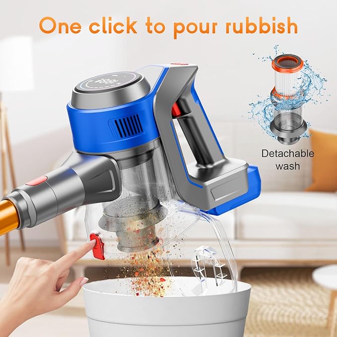 Cordless Stick Vacuum Cleaner - Rechargeable, 35Kpa Powerful Vacuums with Detachable Battery, LED Display, 45Mins Runtime, 8 in 1 Handheld Vacuum for Hardfloor & Carpets Pet Hair, Blue