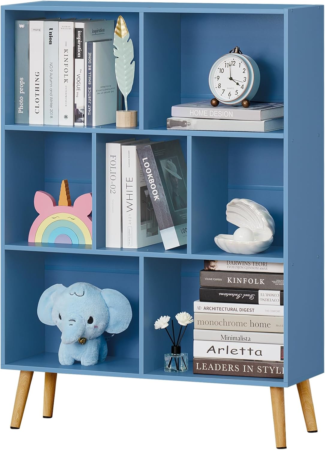 YAHARBO 7 Cube Bookshelf, Blue Kids Book Shelf with Cubby Storage,Wooden Modern Bookcase with Legs,3 Tier Freestanding Display Book Case,Children Toy Organizer,Bookshelves for Office,Nursery,Playroom