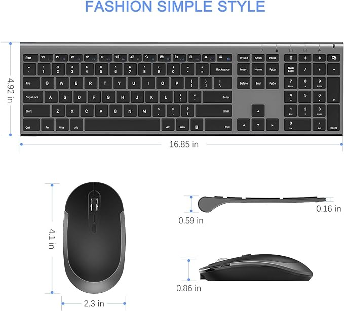 Wireless Keyboard and Mouse, Vssoplor Rechargeable Quiet Full-Size Keyboard and Mouse Combo Set Ultra Slim Design for Laptop, PC, Notebook, Desktop-Dark Gray