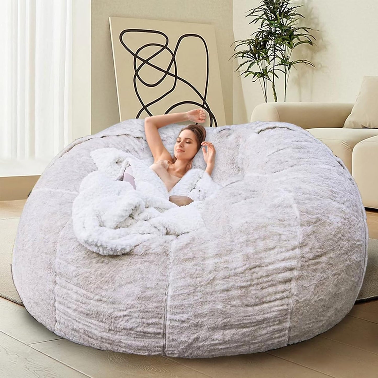 Bean Bag Chair for Adults Kids Without Filler Comfy Giant Round Lazy Sofa Chair Cover Floor Chair Cover for Bedroom Living Room, 7FT, White