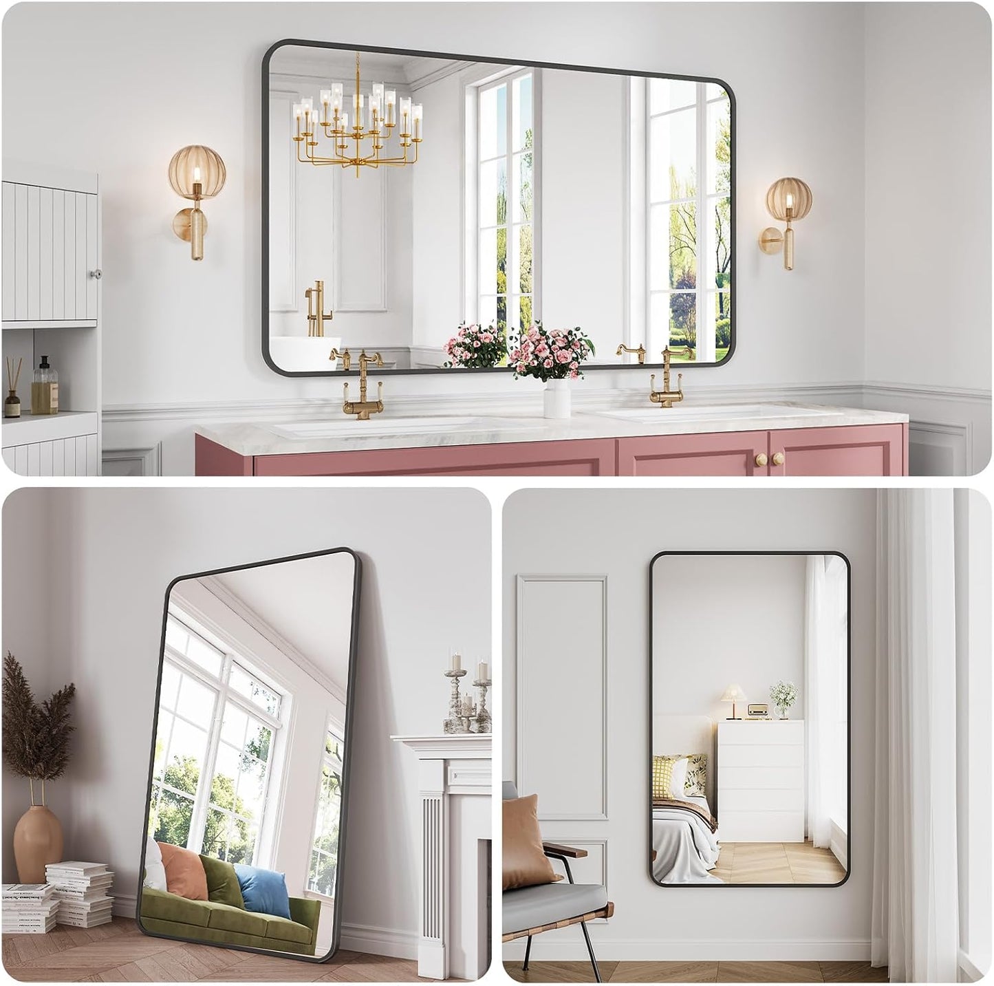 Koonmi Bathroom Mirror, 36X60 Inch Black Metal Framed Mirror for Bathroom, Tempered Glass, Anti-Rust, Rounded Rectangle Mirror for Restroom, Bedroom, Black