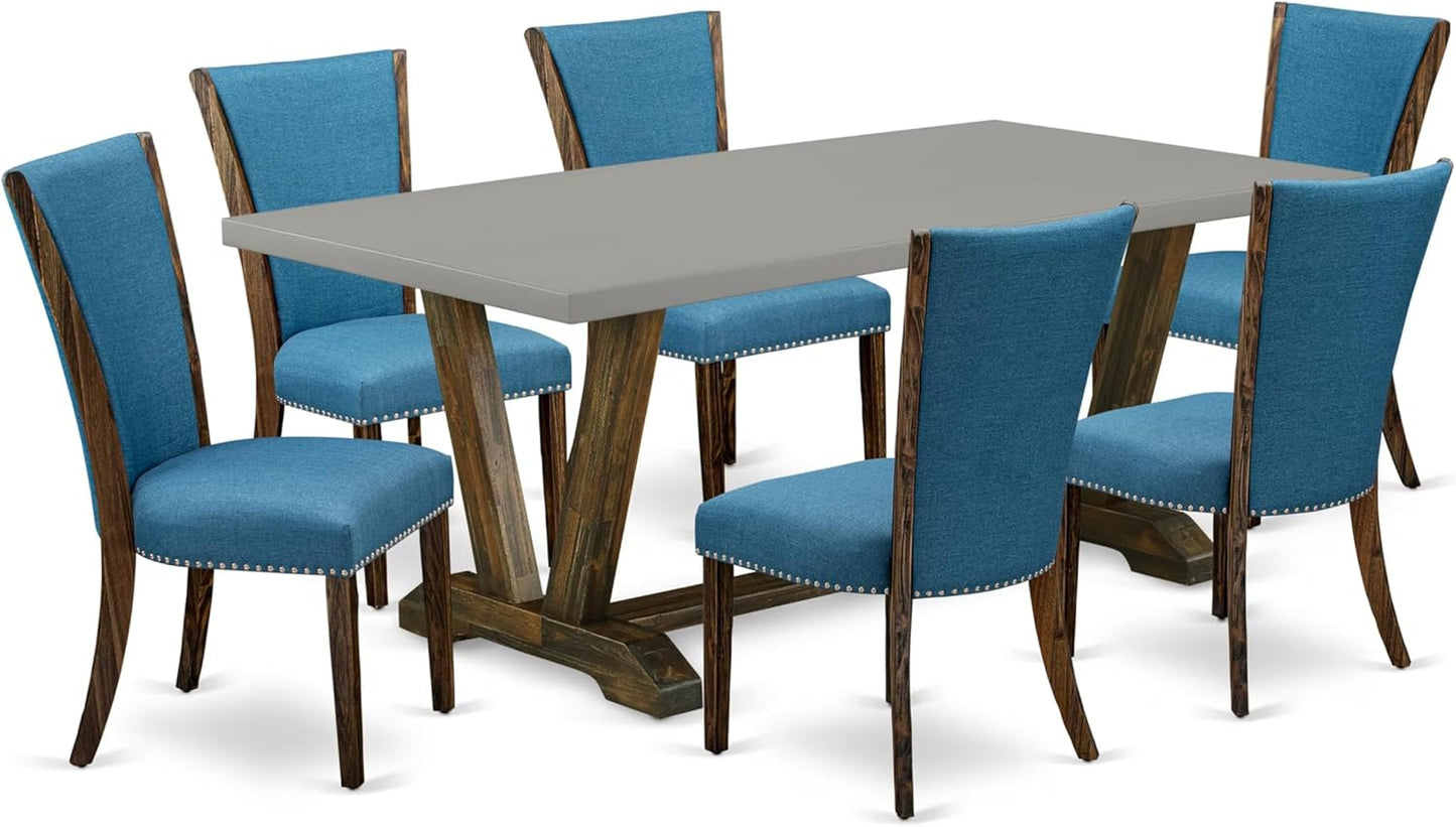 East West Furniture V797VE721-7 7 Piece Dining Table Set Consist of a Rectangle Dining Room Table with V-Legs and 6 Blue Color Linen Fabric Upholstered Chairs, 40x72 Inch, Multi-Color