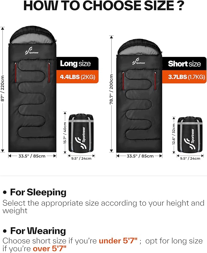 Sportneer 0 Degree Wearable Sleeping Bag for Adults & Kids – Walkable with Arm Zippers, Waterproof & Warm, Compact for Camping, Stadiums, Travel, Backpacking & Car Use