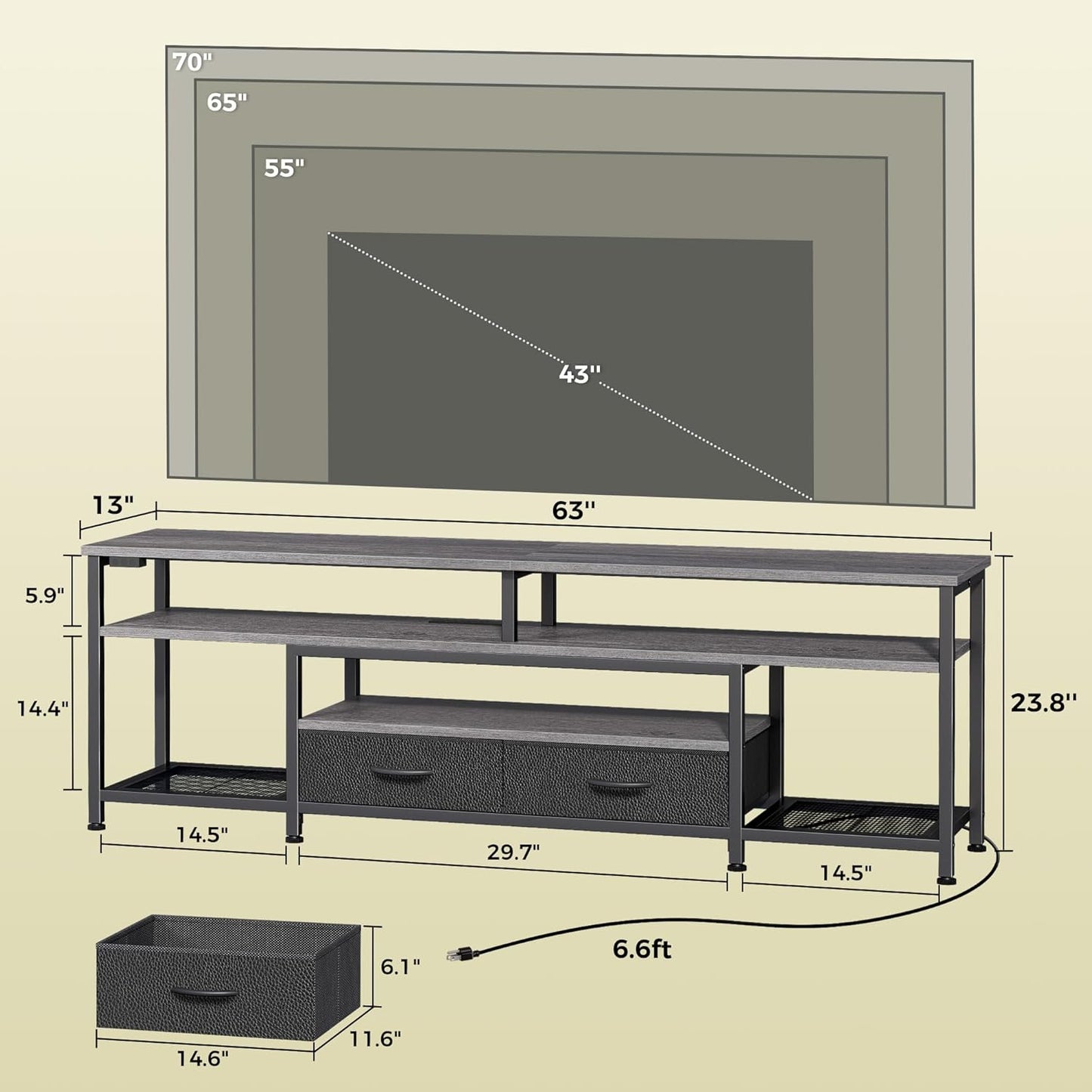 Huuger TV Stand for 65 70 Inch TV, Entertainment Center with Power Outlets and LED Lights, TV Console for Living Room, Media Console with Drawers and Shelves, Grey