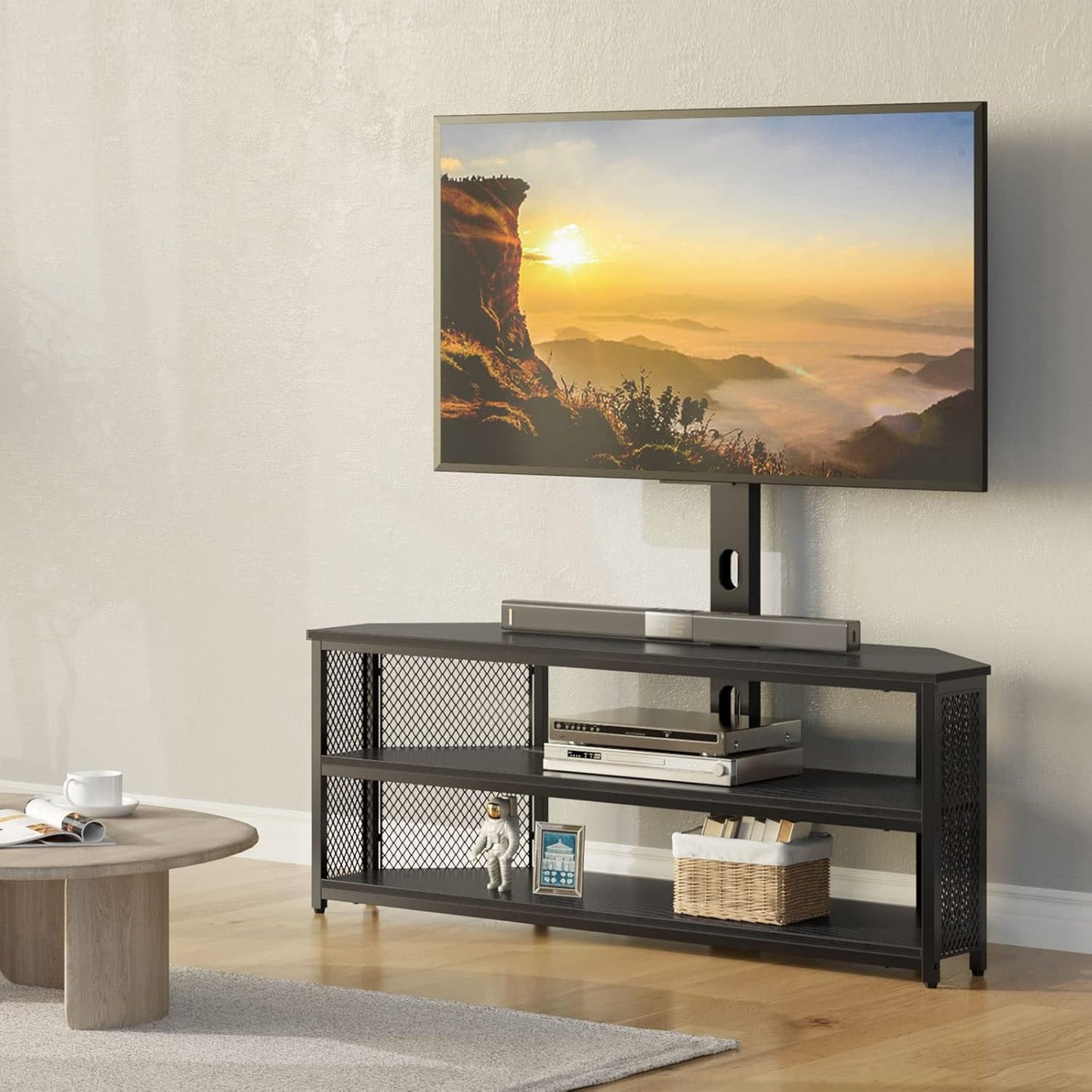 Rolanstar TV Stand with Mount and Power Outlet, Swivel TV Stand with LED Lights for 32/45/55/60/65/70 inch TVs, Black Entertainment Center Media Console with Height Adjustable Mount