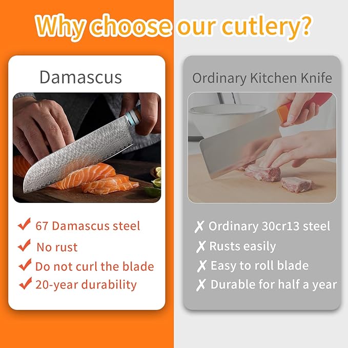 Kuwata Santoku Knife, Professional Japanese VG10 Damascus Steel Kitchen Santoku Knife, Ergonomic Wood Chef Knife Handle, Super Sharp Chefs Knives with Gift Box