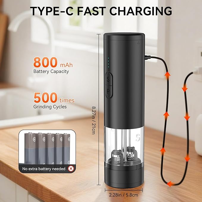 2 in 1 Electric Salt and Pepper Grinder Set, USB Rechargeable, Automatic Salt and Pepper Mill Shakers with Battery Display, LED Light, Adjustable Coarseness Ideal for Kitchen Gift(Black)