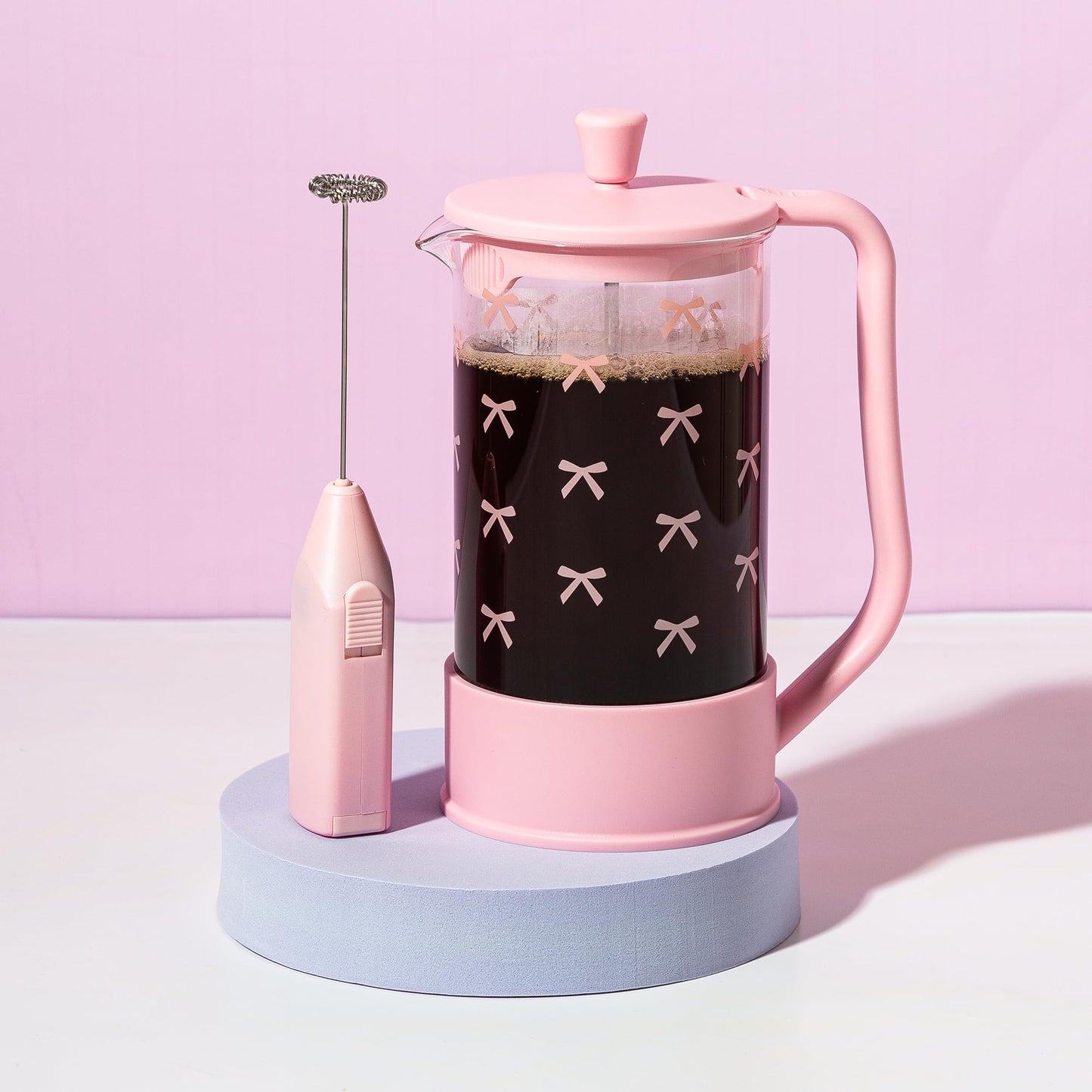 Paris Hilton Bow Design French Press and Frother Coffee Gift Set, Includes a 8-Cup Coffee Press and Battery Operated Handheld Milk Frother, 2-Piece Set, Pink