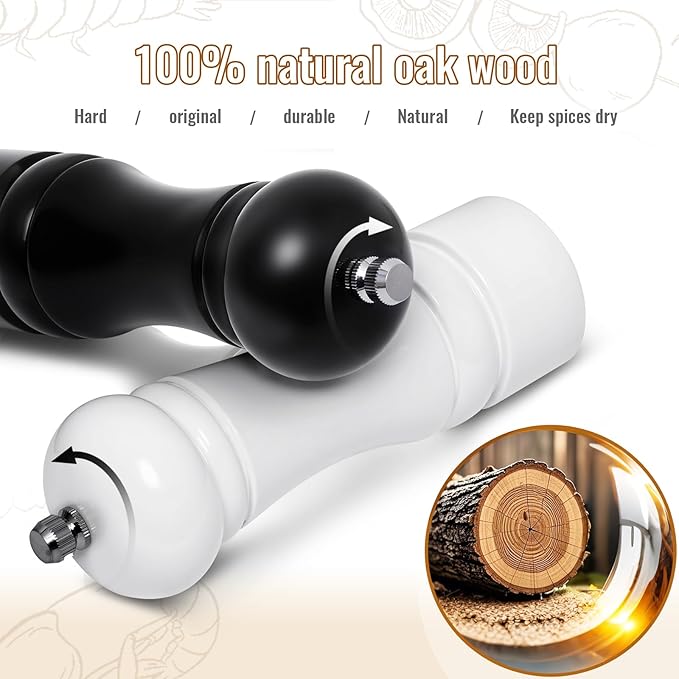2Pack Wood 6.5 Inches Salt and Pepper Grinder Set and Adjustable Manual Salt and Pepper Mills, with Ceramic Grinding Mechanism, Housewarming Gifts, Cooking Gifts for Men & Women(Black & White)