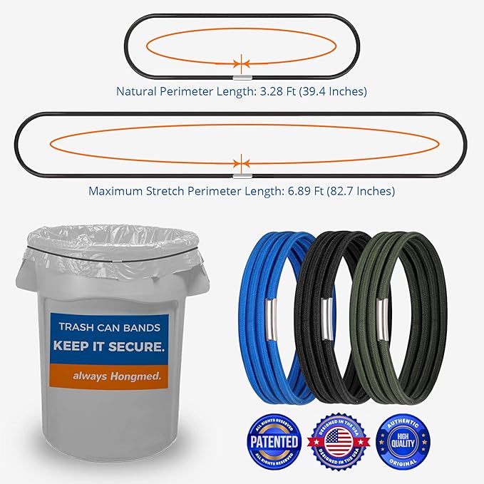 Trash Can Bands Set of 3, Fits 32 to 55 Gallon Cans, Large Elastic Rubber Bands for Kitchen/Office/Garage, Secure Garbage Bags(Black/Blue/Green)