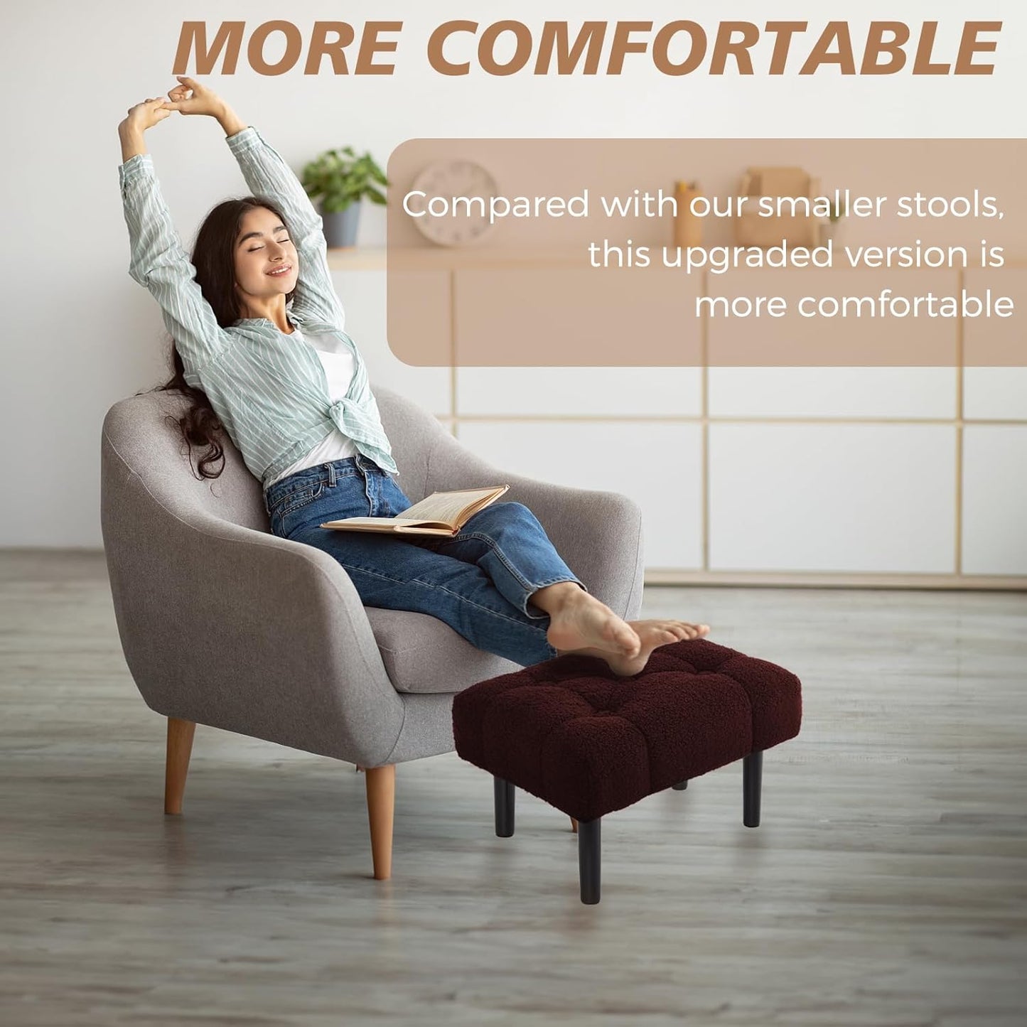 HOUCHICS Fur Padded Foot Stool, Small Ottoman Foot Rest with Wooden Legs,Modern Rectangle Chair Foot Rest Foot Step Stool for Living Room, Couch, Desk（Wine Red