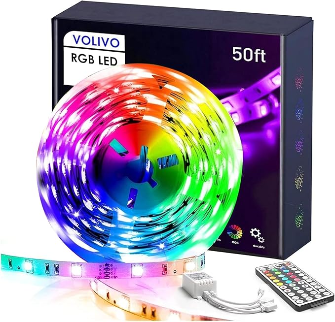 VOLIVO 50 FT RGB Led Strip Lights,Color Changing Led Light Strips Kit with 44 Keys IR Remote Control, Led Lights for Bedroom, Room, Home Decoration
