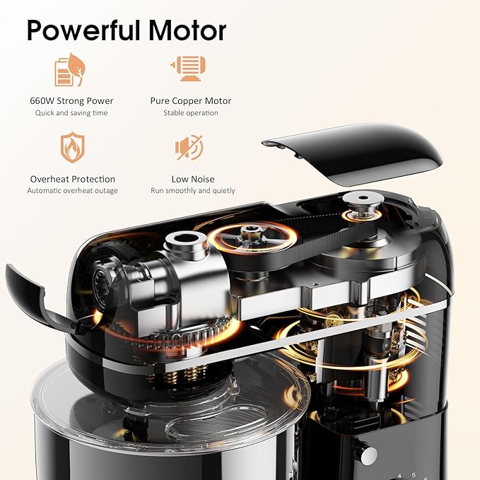 Stand Mixer, 7-IN-1 6.5QT 660W Multifunctional Electric Kitchen Mixers with Blender, Meat Grinder, Dough Hook, Whisk and Beater, 8-Speed Food Mixer for Baking, Cooking, Food Processing, Black