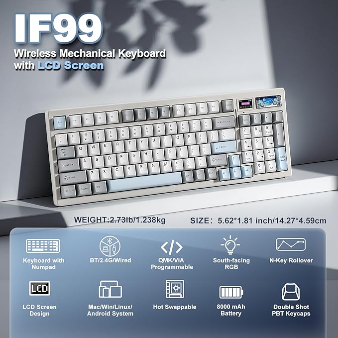 YUNZII IF99 Wireless Mechanical Gaming Keyboard with Smart LCD Display, QMK/VIA Programmable BT/2.4G/USB-C Gasket Mounted Hot Swap RGB 96% Layout for Mac/Win (White, Cocoa Cream V2 Switch)
