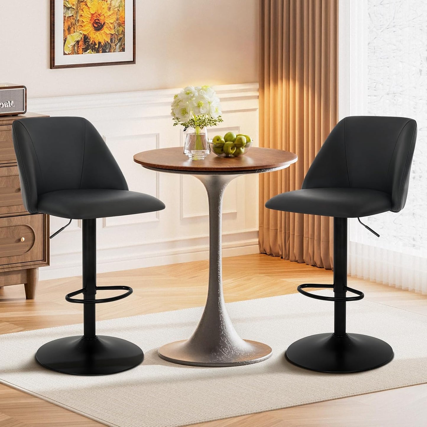 COLAMY Bar Stools Set of 3, Modern Swivel Bar Chairs, Adjustable PU Leather Upholstered Barstools Counter Height with Full Backrest for Bar, Dining Room, Kitchen Island, Black