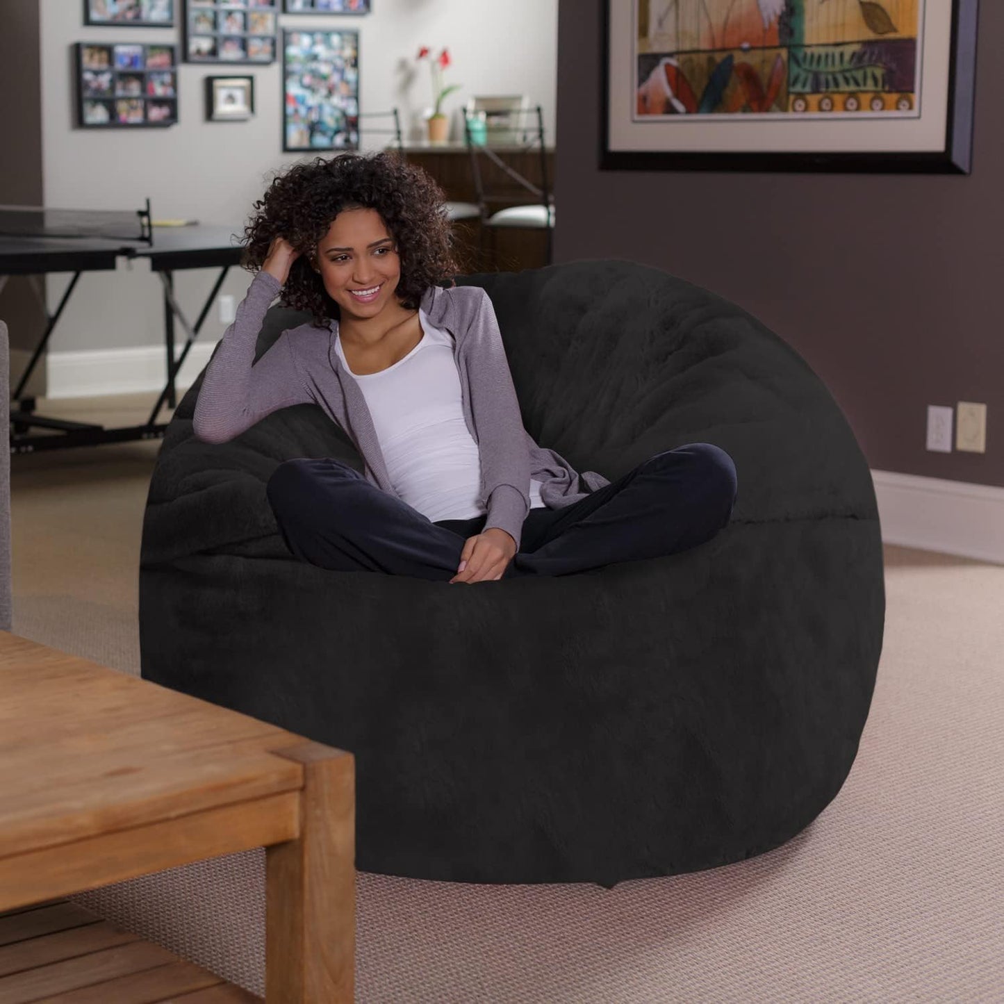 Sofa Sack Bean Bag Chair - Plush, Ultra Soft - Memory Foam Bean Bag Chair with Faux Rabbit Fur Cover - Stuffed Foam Filled Furniture and Accessories for Dorm Room 5 Feet - Black