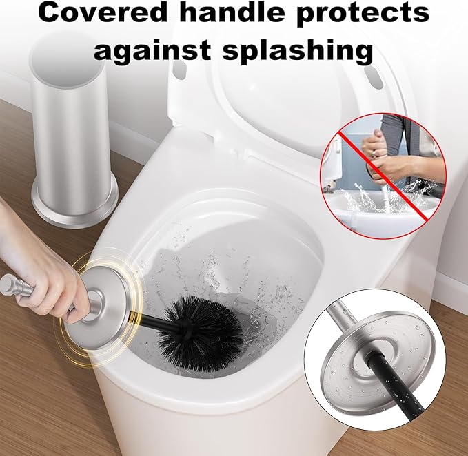 Stain Nickel Toilet Brush and Holder，Extra Long Handled Toilet Brush for Bathroom，Stainless Steel Heavy Duty Toilet Bowl Brush,Removable Inner Bowl,Deep Cleaning Dense Bristles Brush -Space Saving