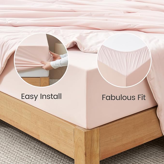 Cozy Bliss Premium Cooling Sheet Set Queen Size, Q-Max>0.4, 3PCS No Flat Sheet with 2 Pillowcases, Breathable Fitted Sheet for Hot Sleepers & Night Sweats, Deep Pocket Up to 18 Inches, Pink