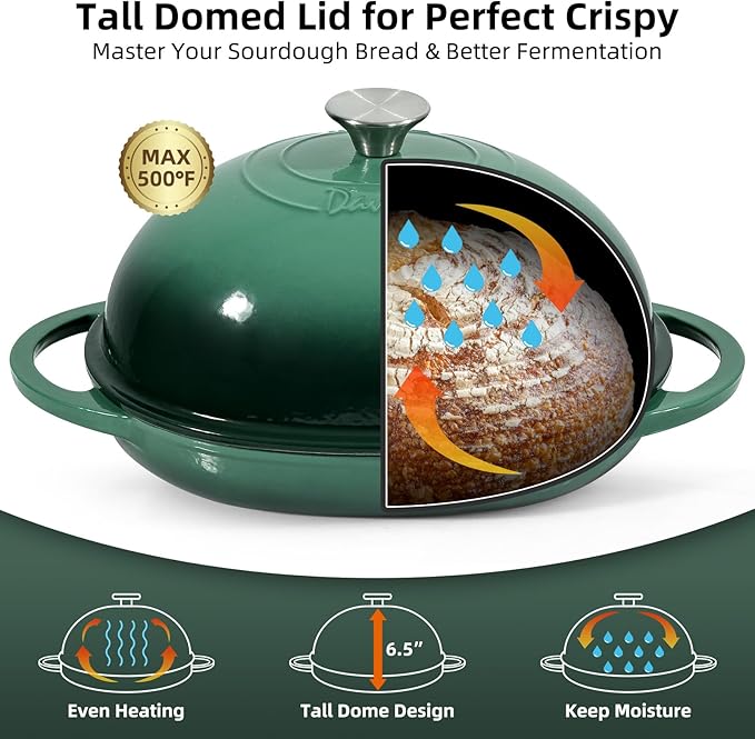 Davivy 6QT Enameled Oval Dutch Oven for Sourdough Bread Baking with Lid, Oval Cast Iron Bread Pan with Silicone Baking Mat, Cast Iron Sourdough Baking Pan - Forest Green