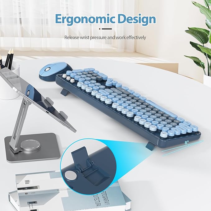 Wireless Keyboard and Mouse Set, Retro Typewriter, 2.4GHz Full Size 104-Key Cute Keyboard with Number Pad, Colorful with Round Keycaps for Windows PC Laptop(Sea Blue)