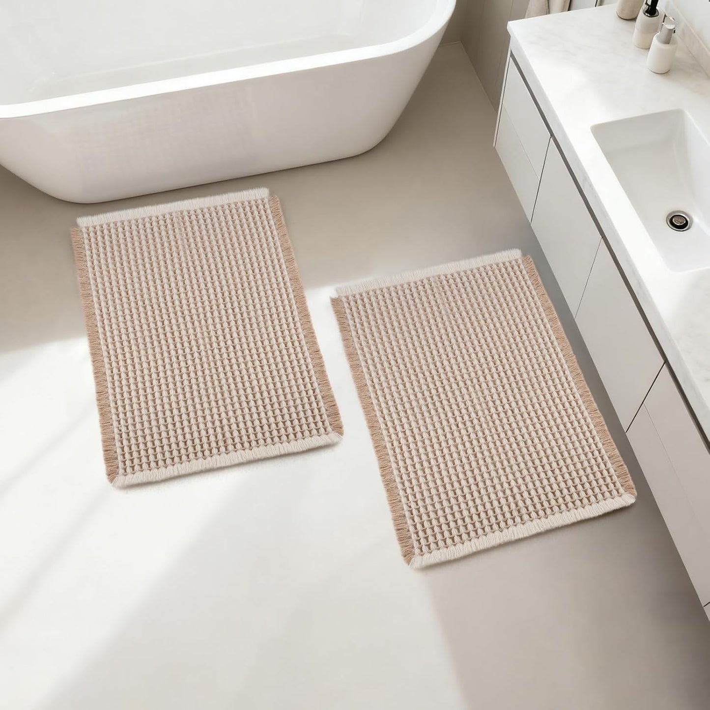 ArtyCozy Waffle Bath Mat Set of 2, Super Absorbent Soft Non-Slip Boho Bath Rugs with Flat-Woven Hot Glue Backing for Bathroom, Machine Washable Bath Mats, 17" × 24" Plus 17" × 24", Brown & White