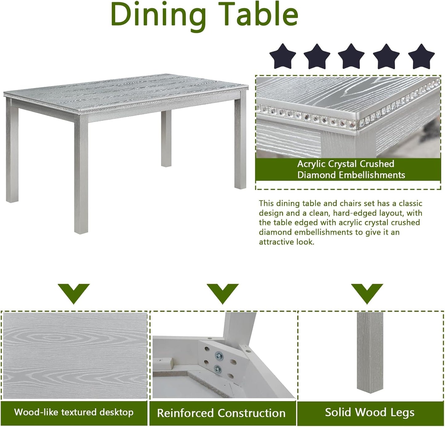 KEIKI 6-Piece Standard Height Dining Table Set with Rectangular Table, 4 Upholstered Chair, Bench, for 6 Person, Crystal Decoration Table Set, Easy Assembly, for Kitchen, Dining Room, Silver Grey