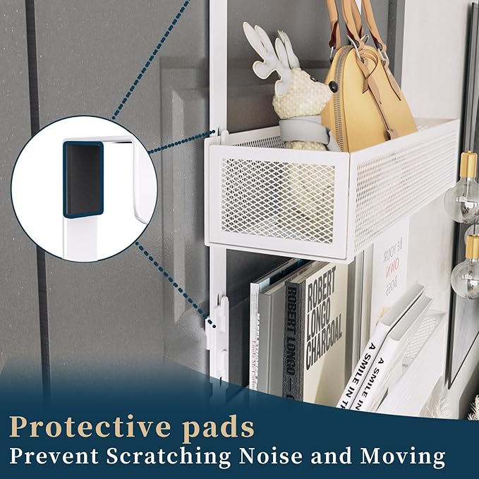 Consumest Over The Door Organizer Hooks, Door Hanger with 9 Coat Hooks & 2 Mesh Basket, Rustproof Back Storage Organizer for Bathroom, Kitchen, Bedroom-White (for 1.76in Doors)