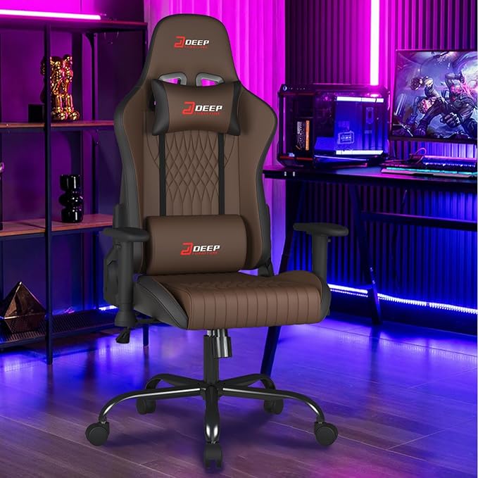Video Game Chair Ergonomic Comfortable Gaming Office Chair Height-Adjustable with a 360° Swivel Base and Headrest(1002-Brown)