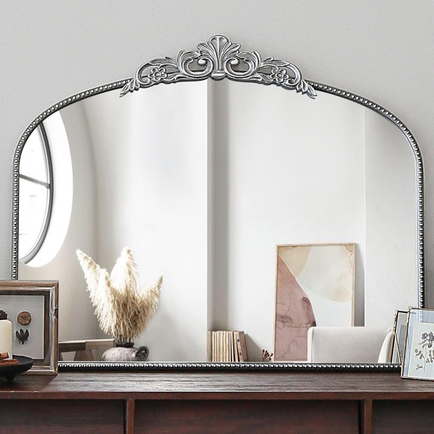 Micasso Vintage Ornate Baroque Mirror, 29" x 36" Large Silver Arched Wall Mirror for Bathroom, Living Room, Fireplace, and Bedroom